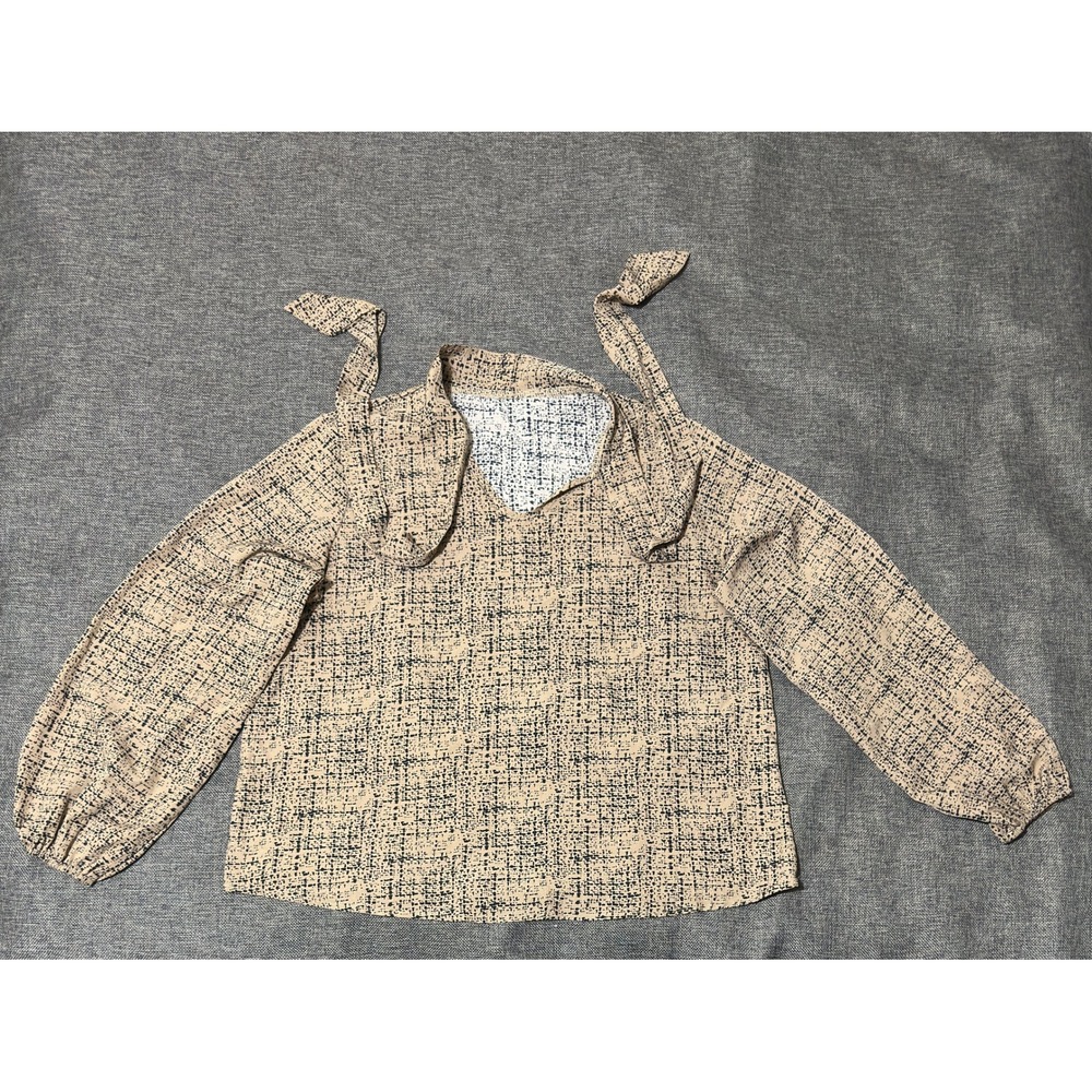 Unbranded Women's XXL Blouse Tan Black Abstract‎ Print Tie Neck Long Sleeve